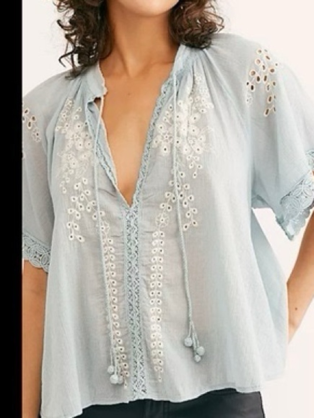 Free People Women’s Blue Dahlia Eyelet Embroidered Boho Blouse Size Medium